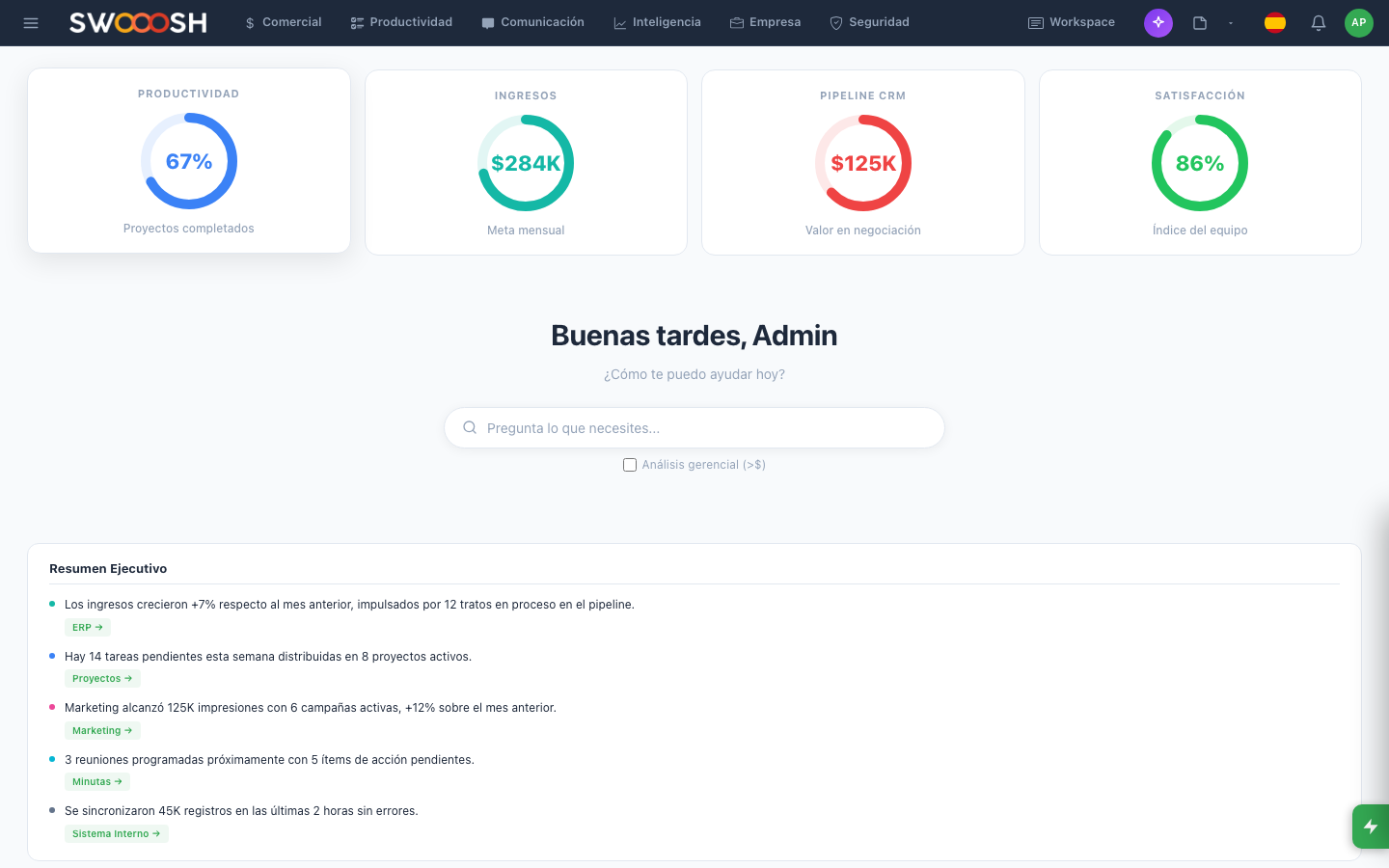 Nabú main dashboard showing sales metrics, pending tasks, and real-time team activity