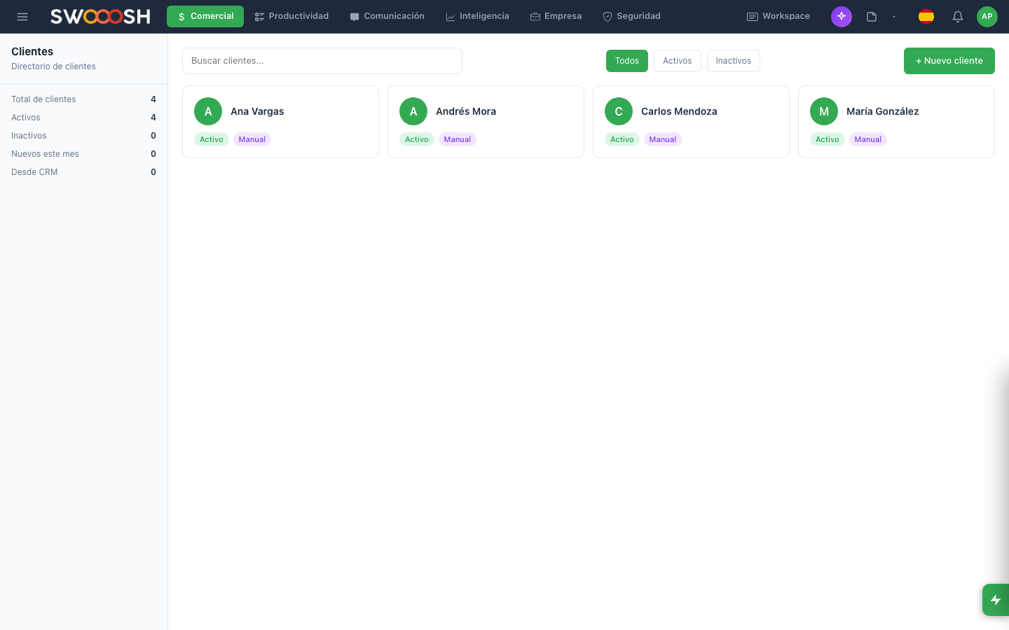 Detailed client profile in Nabú CRM showing activity history, contact information, and team notes