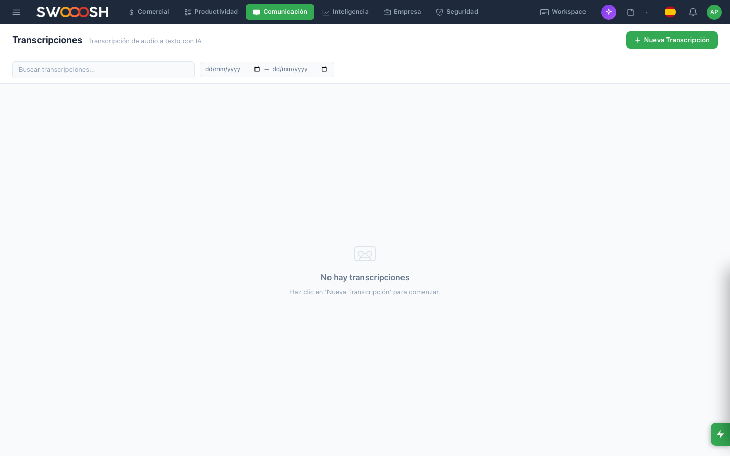 Nabú transcription module showing an automatically transcribed meeting with summary, action items, and full text with timestamps