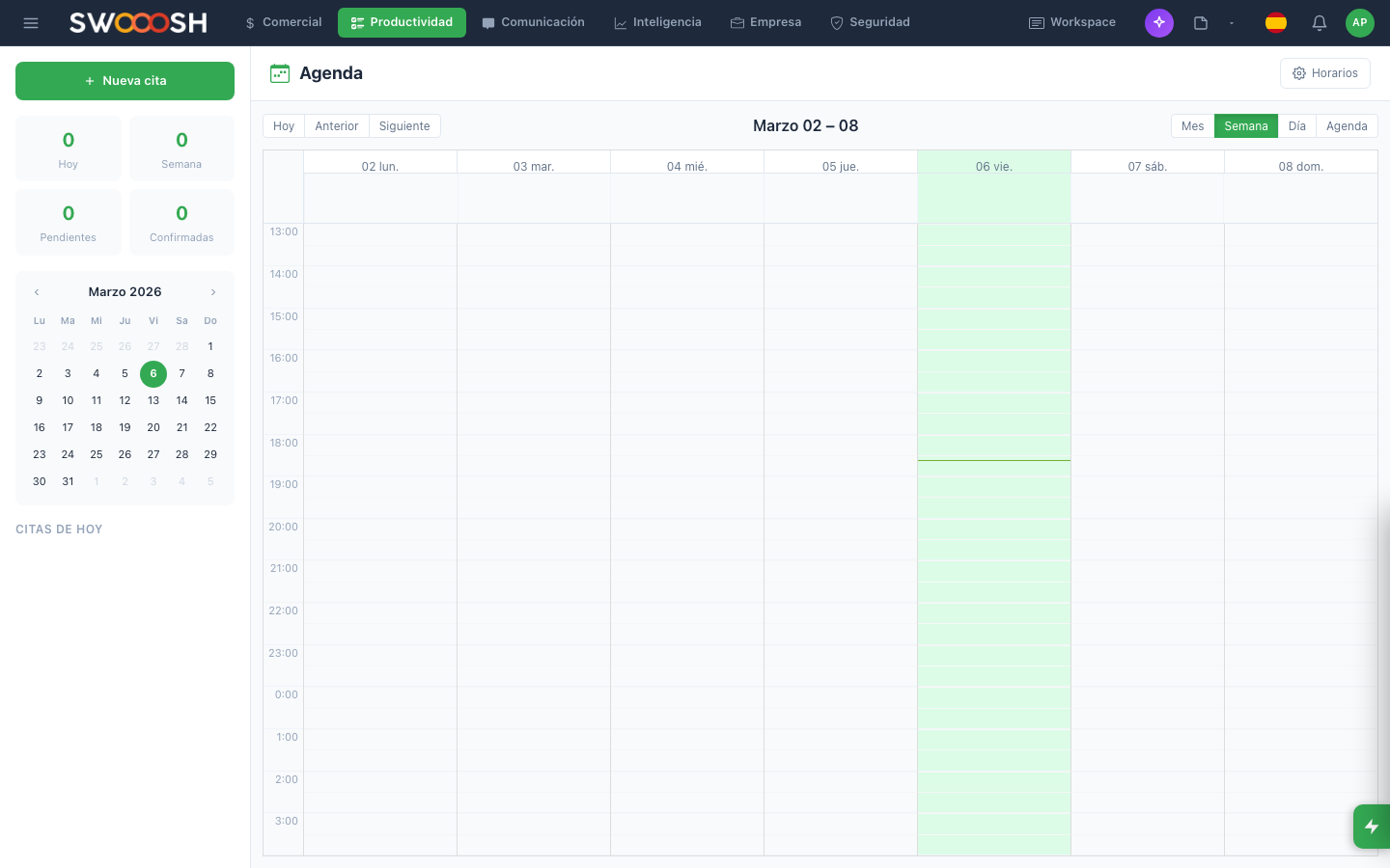Nabú smart calendar with weekly view showing appointments organized by resource, real-time availability, and automatic scheduling
