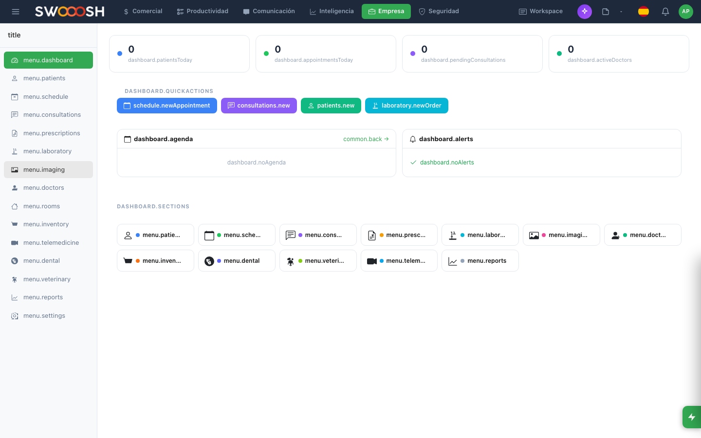 Nabú healthcare module showing digital patient records with clinical history, appointments and integrated medical notes