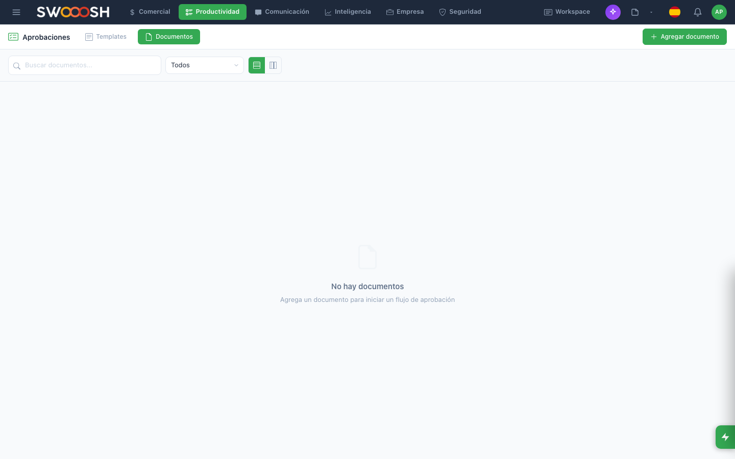 Nabú approvals module showing financial authorization workflows with statuses, assignees and full traceability